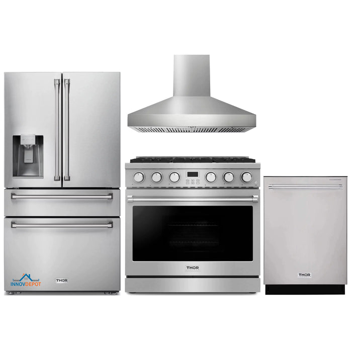 Thor Kitchen 4-Piece Appliance Package - 36-Inch Gas Range, Pro-Style Wall Mount Range Hood, Refrigerator with Water Dispenser, and Dishwasher in Stainless Steel