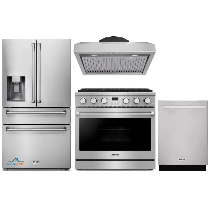 Thor Kitchen 4-Piece Appliance Package - 36-Inch Gas Range, Under Cabinet Range Hood, Refrigerator with Water Dispenser, and Dishwasher in Stainless Steel