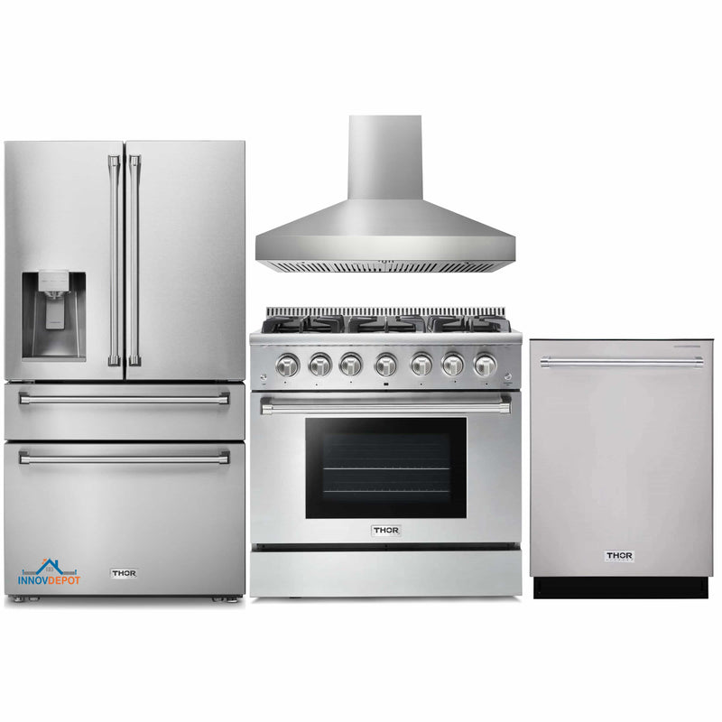 Thor Kitchen 4-Piece Pro Appliance Package - 36-Inch Gas Range, Refrigerator with Water Dispenser, Pro-Style Wall Mount Hood & Dishwasher in Stainless Steel