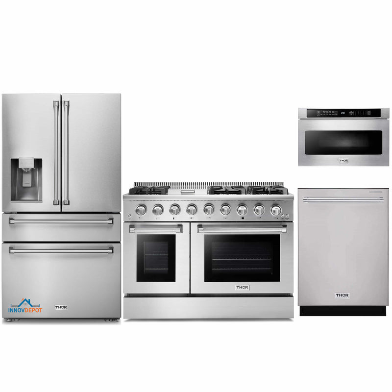 Thor Kitchen 4-Piece Pro Appliance Package - 48-Inch Gas Range, Refrigerator with Water Dispenser, Dishwasher, & Microwave Drawer in Stainless Steel