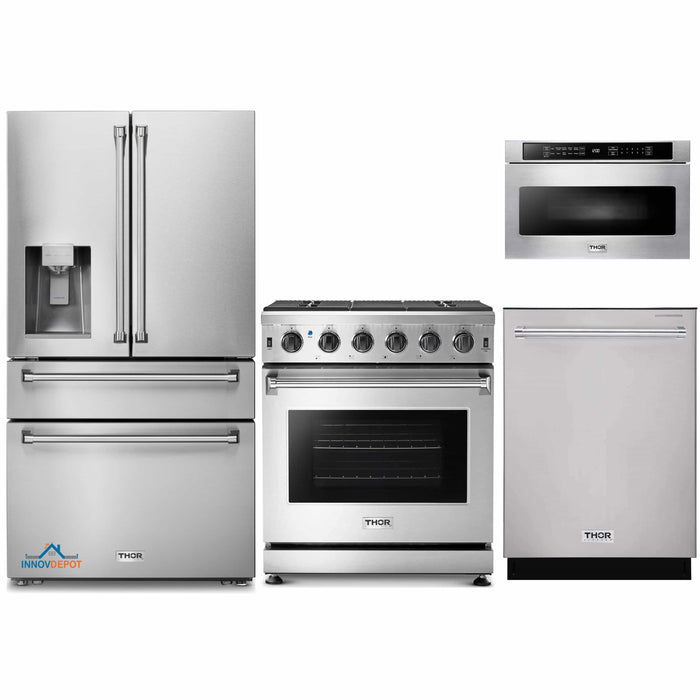 Thor Kitchen 4-Piece Appliance Package - 30-Inch Gas Range, Refrigerator with Water Dispenser, Dishwasher, & Microwave Drawer in Stainless Steel