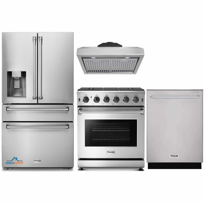 Thor Kitchen 4-Piece Appliance Package - 30-Inch Gas Range, Refrigerator with Water Dispenser, Under Cabinet Hood & Dishwasher in Stainless Steel