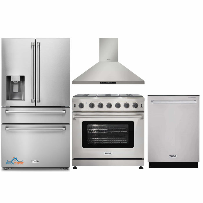 Thor Kitchen 4-Piece Appliance Package - 36-Inch Gas Range, Refrigerator with Water Dispenser, Wall Mount Hood, & Dishwasher in Stainless Steel