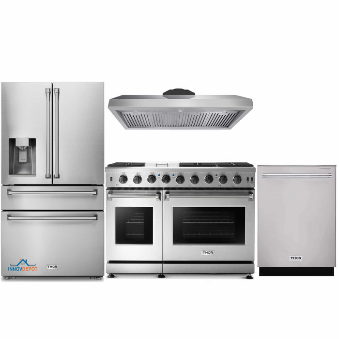 Thor Kitchen 4-Piece Appliance Package - 48-Inch Gas Range, Under Cabinet 11-Inch Tall Hood, Refrigerator with Water Dispenser, & Dishwasher in Stainless Steel