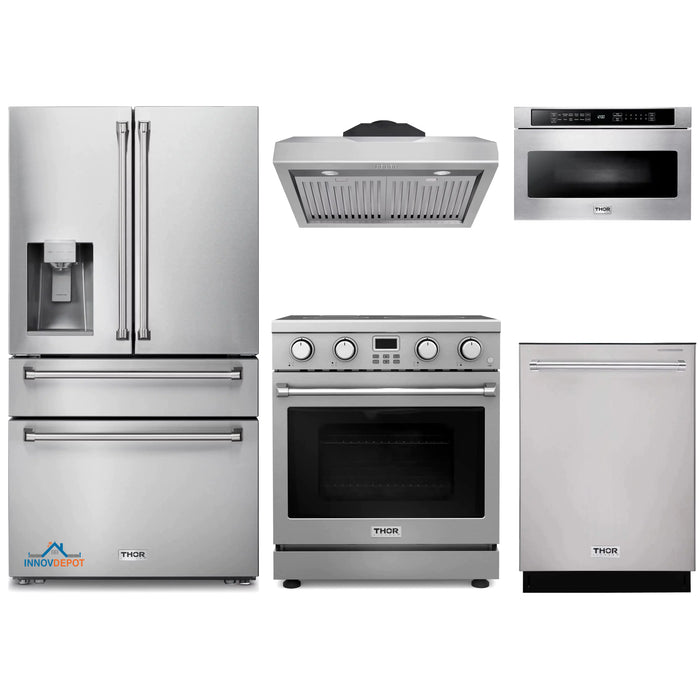 Thor Kitchen 5-Piece Appliance Package - 30-Inch Electric Range, Under Cabinet Range Hood, Refrigerator with Water Dispenser, Dishwasher, and Microwave in Stainless Steel