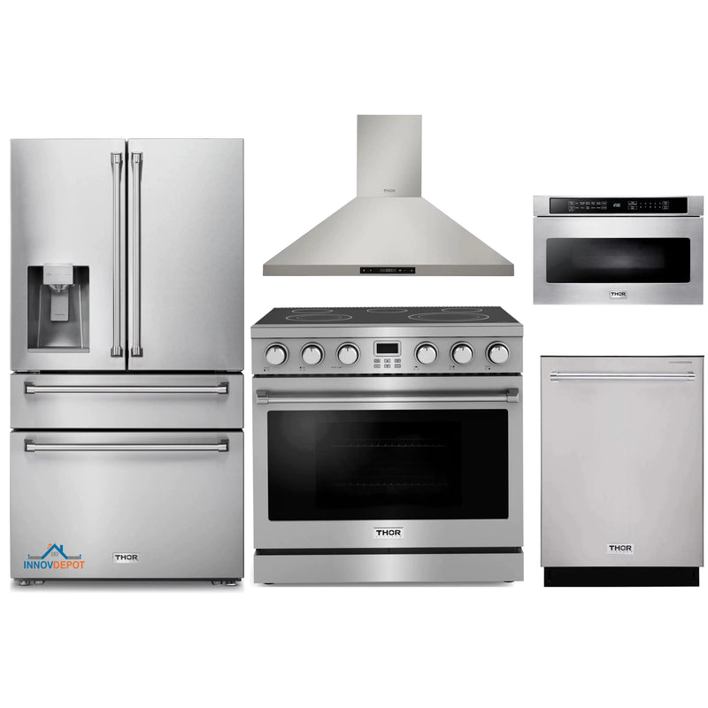 Thor Kitchen 5-Piece Appliance Package - 36-Inch Electric Range, Wall Mount Range Hood, Refrigerator with Water Dispenser, Dishwasher, and Microwave in Stainless Steel
