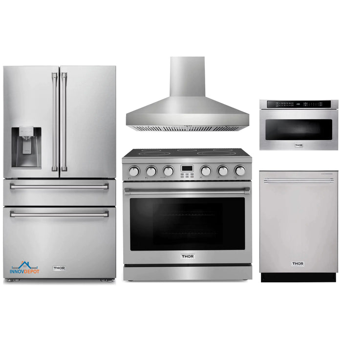 Thor Kitchen 5-Piece Appliance Package - 36-Inch Electric Range, Pro-Style Wall Mount Range Hood, Refrigerator with Water Dispenser, Dishwasher, and Microwave in Stainless Steel