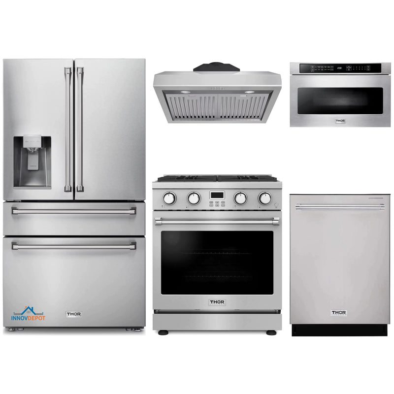 Thor Kitchen 5-Piece Appliance Package - 30-Inch Gas Range, Under Cabinet Range Hood, Refrigerator with Water Dispenser, Dishwasher, and Microwave in Stainless Steel