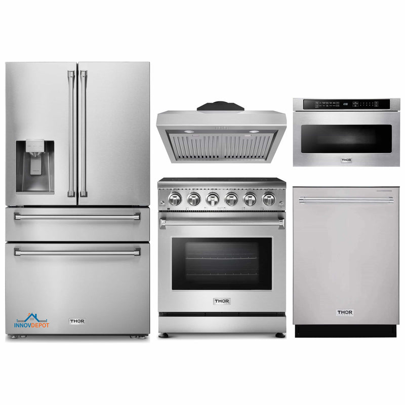 Thor Kitchen 5-Piece Appliance Package - 30-Inch Electric Range, Refrigerator with Water Dispenser, Under Cabinet Hood, Dishwasher, & Microwave Drawer in Stainless Steel