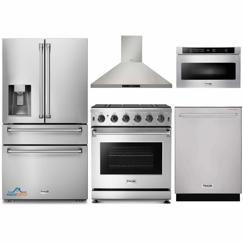 Thor Kitchen 5-Piece Appliance Package - 30-Inch Gas Range, Refrigerator with Water Dispenser, Wall Mount Hood, Dishwasher, & Microwave Drawer in Stainless Steel