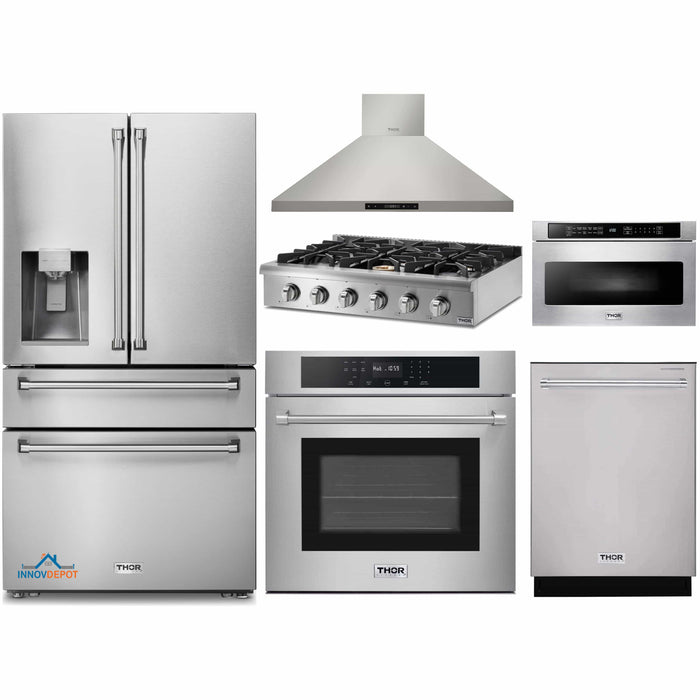 Thor Kitchen 6-Piece Pro Appliance Package - 36-Inch Rangetop, Electric Wall Oven, Wall Mount Hood, Refrigerator with Water Dispenser, Dishwasher, & Microwave in Stainless Steel