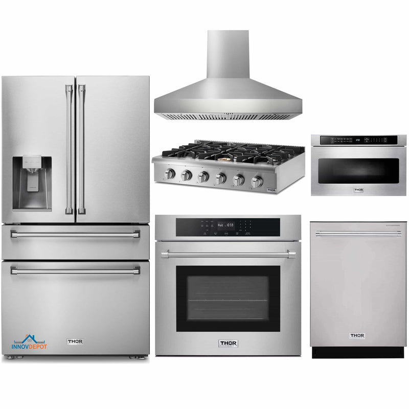 Thor Kitchen 6-Piece Pro Appliance Package - 36-Inch Rangetop, Electric Wall Oven, Pro-Style Wall Mount Hood, Refrigerator with Water Dispenser, Dishwasher, & Microwave in Stainless Steel