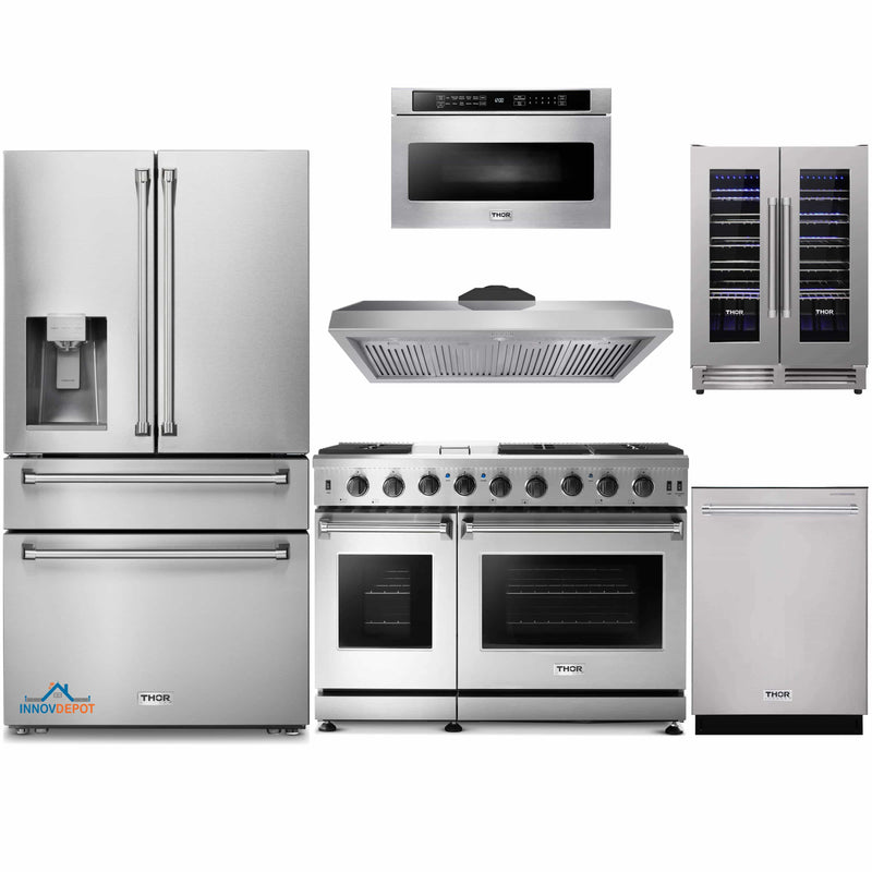 Thor Kitchen 6-Piece Appliance Package - 48-Inch Gas Range, Refrigerator with Water Dispenser, Under Cabinet 11-Inch Tall Hood, Dishwasher, Microwave Drawer, & Wine Cooler in Stainless Steel