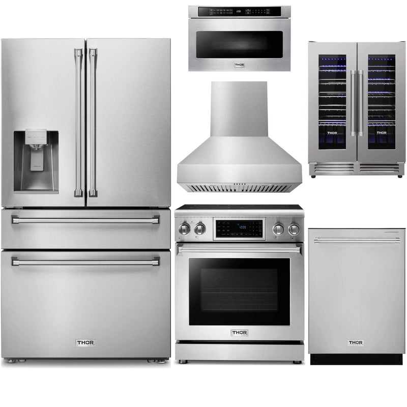 Thor Kitchen 6-Piece Appliance Package - 30-Inch Electric Range with Tilt Panel, Refrigerator with Water Dispenser, Pro-Style Wall Mount Hood, Dishwasher, Microwave Drawer, & Wine Cooler in Stainless Steel