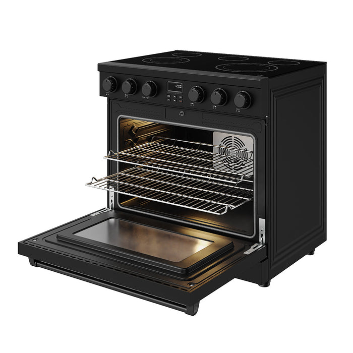 Thor Kitchen 36 inch Professional Electrical Range in Black - front right side open 2