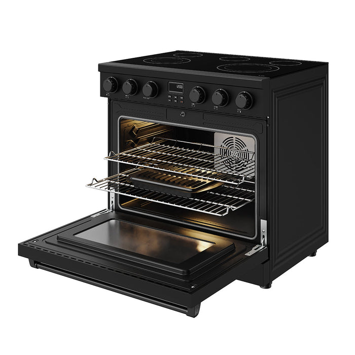 Thor Kitchen 36 inch Professional Electrical Range in Black - front right side open