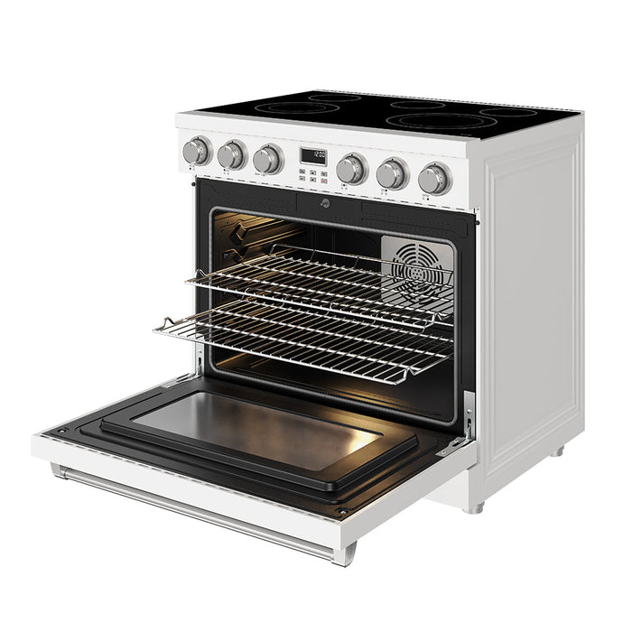 Thor Kitchen 36 Inch Electric Range in White - Contemporary Professional - front right side open