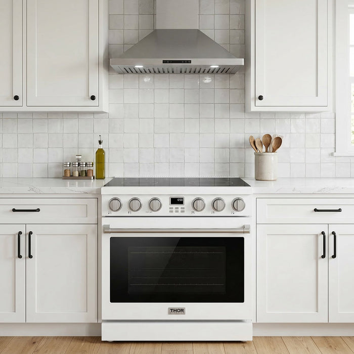 Thor Kitchen 36 Inch Electric Range in White - Contemporary Professional - front white kitchen 2