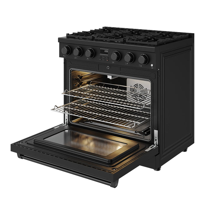Thor Kitchen 36-Inch Liquid Propane Range in Black - Contemporary Professional - front right side open 2