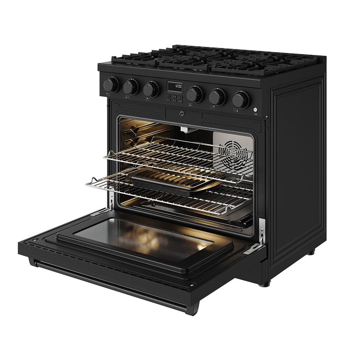 Thor Kitchen 36-Inch Liquid Propane Range in Black - Contemporary Professional - front right side open
