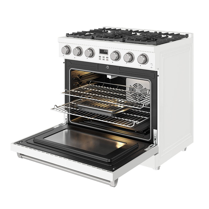 Thor Kitchen 36-Inch Liquid Propane Range in White - Contemporary Professional - front right side open 2