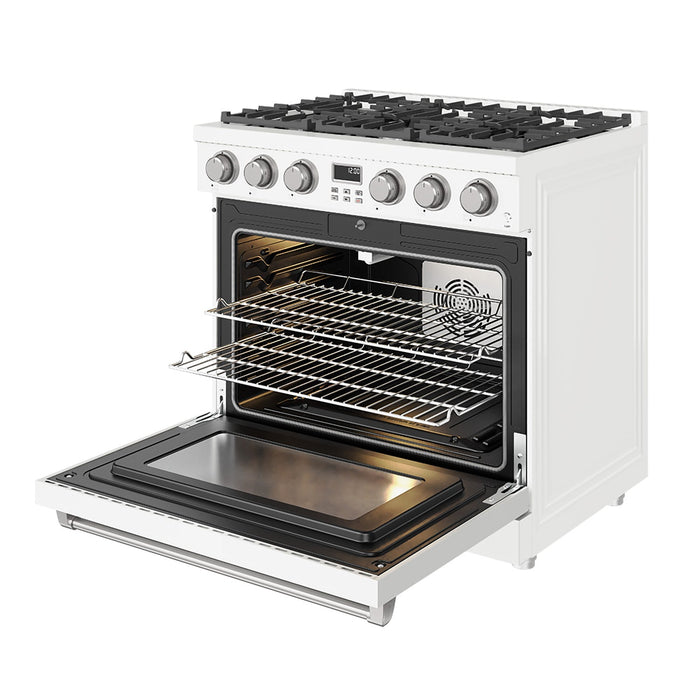 Thor Kitchen 36-Inch Gas Range in White - Contemporary Professional - front right side open