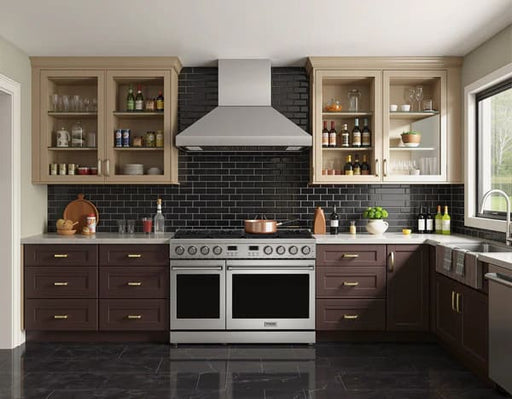 THOR Kitchen ARG48 48-Inch Professional Stainless Steel Natural Gas Range in Modern kitchen with stainless steel appliances, wooden cabinets, and black tiled backsplash.