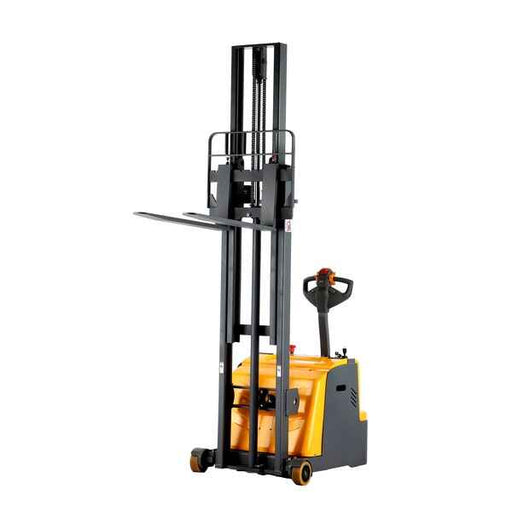 Apollolift Counterbalanced Electric Stacker with 1,200 lbs capacity and 118-inch lifting height, designed for efficient material handling in tight spaces.