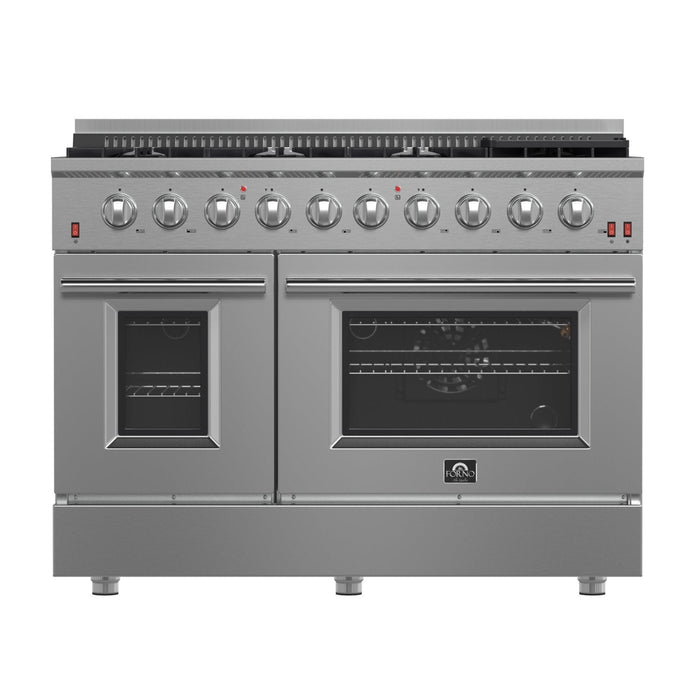 Forno Appliance Package - 48 Inch Gas Range, Wall Mount Range Hood, 60 Inch Refrigerator, FBDL-018-02US