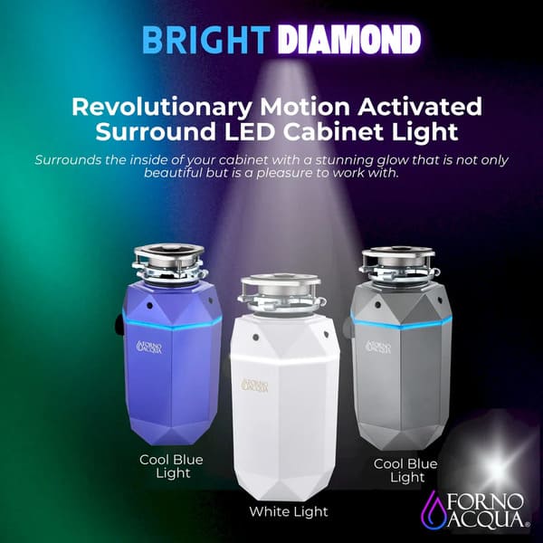 FORNO Acqua BrightDiamond 3/4HP Super Quiet Garbage Disposal Corded with Motion Sensor Cabinet Light & Pre-Wired Air Switch
