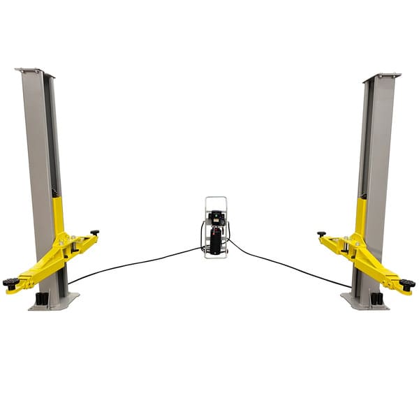 C7000 7,000 lb Portable Two Post Auto Lift with fully extended lifting arms on white background