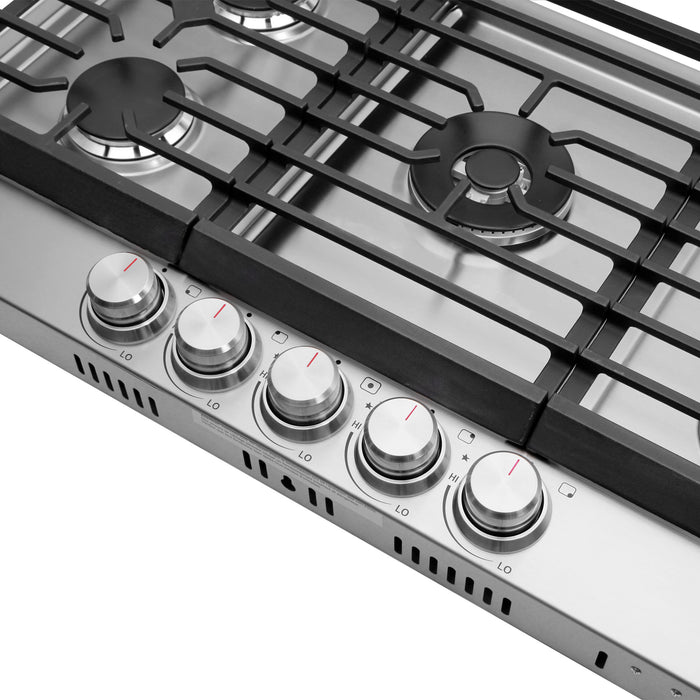 Cosmo 36 in. Haven Collection Drop-in Gas Cooktop with 5 Sealed Burners, Cast Iron Grates in Stainless Steel - COS-CTGH365SS
