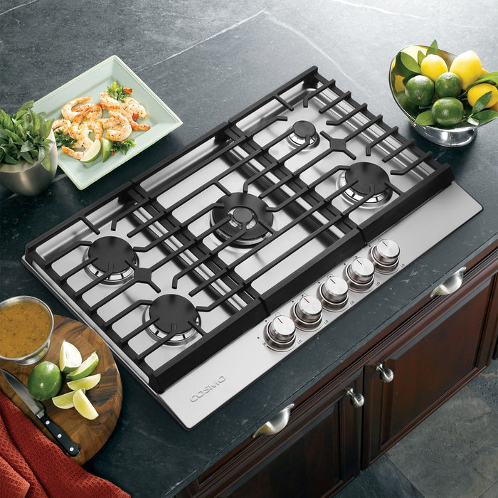 Cosmo 36 in. Haven Collection Drop-in Gas Cooktop with 5 Sealed Burners, Cast Iron Grates in Stainless Steel - COS-CTGH365SS