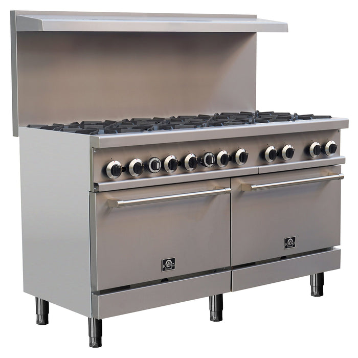 Forno Commerciale 60 Inch Stainless Steel Gas Range, 10 Burners 300,000 BTU Total, 9.3 cu.ft. Ovens