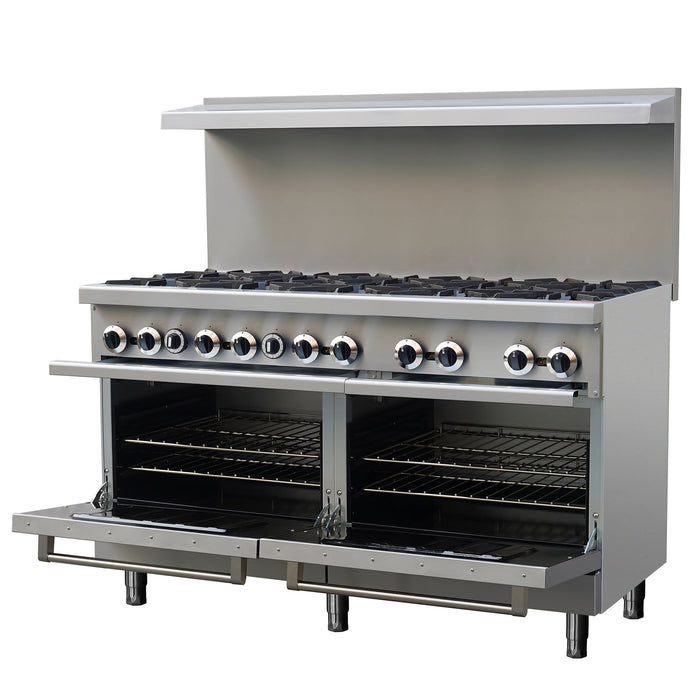 Forno Commerciale 60 Inch Stainless Steel Gas Range, 10 Burners 300,000 BTU Total, 9.3 cu.ft. Ovens