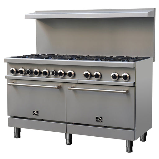 Forno Commerciale 60 Inch Stainless Steel Gas Range, 10 Burners 300,000 BTU Total, 9.3 cu.ft. Ovens