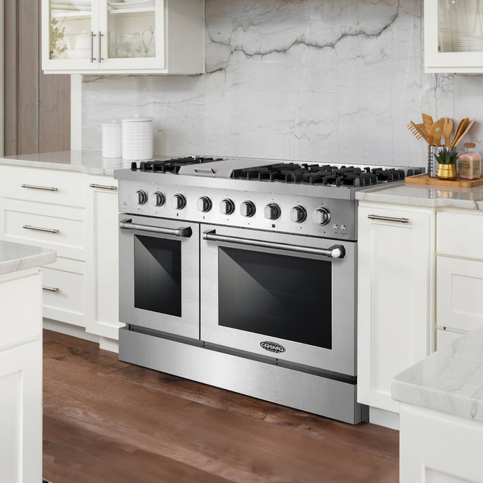 Cosmo 48 in. Lumin Collection 6.7 cu. ft. Double Oven Dual Fuel Range with 6 Sealed Burners, Rapid Convection, Stainless Steel - COS-DFRL486GK