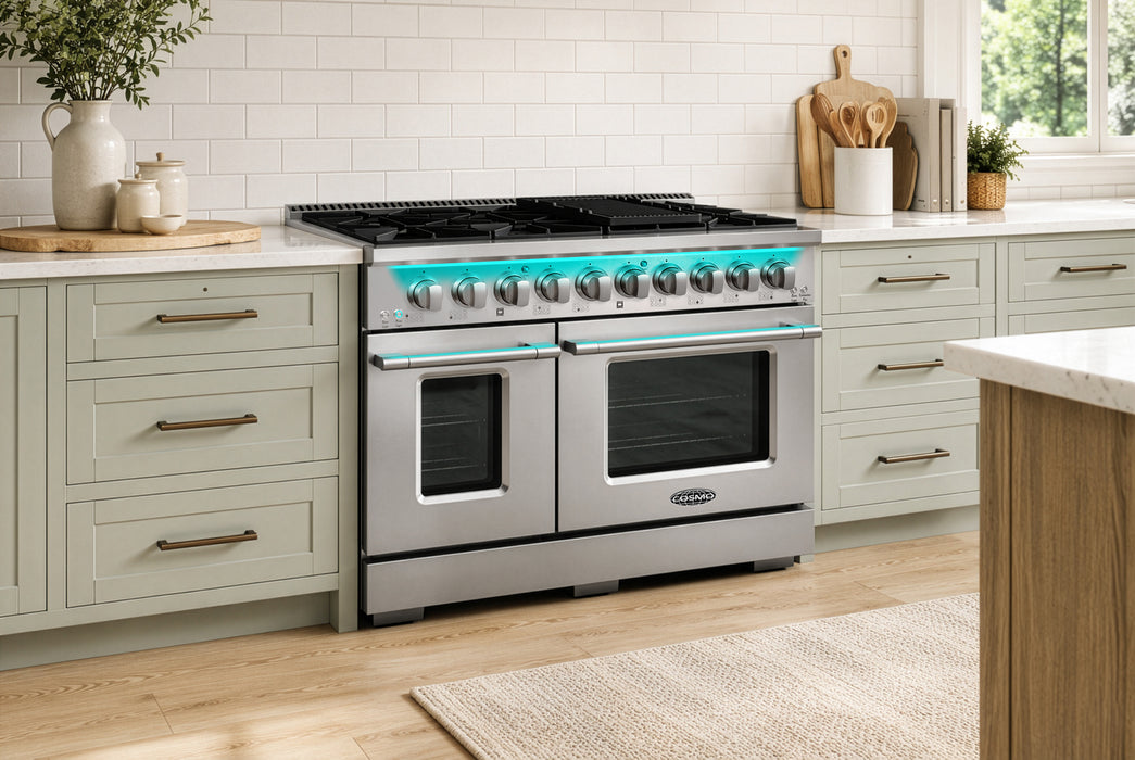 Cosmo 48 in. Lumin Collection 6.6 cu. ft. Double Oven Dual Fuel Range with 8 Burners, Convection Oven in Stainless Steel - COS-DFRP488K