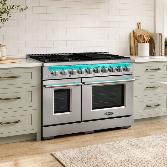 Cosmo 48 in. Lumin Collection 6.6 cu. ft. Double Oven Dual Fuel Range with 8 Burners, Convection Oven in Stainless Steel - COS-DFRP488K