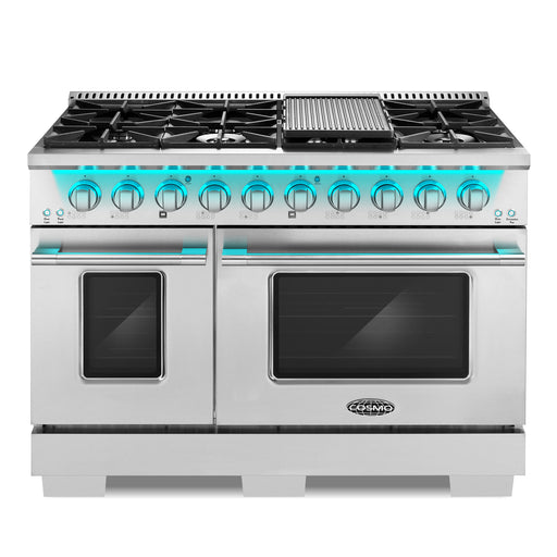 Cosmo 48 in. Lumin Collection 6.6 cu. ft. Double Oven Dual Fuel Range with 8 Burners, Convection Oven in Stainless Steel - COS-DFRP488K