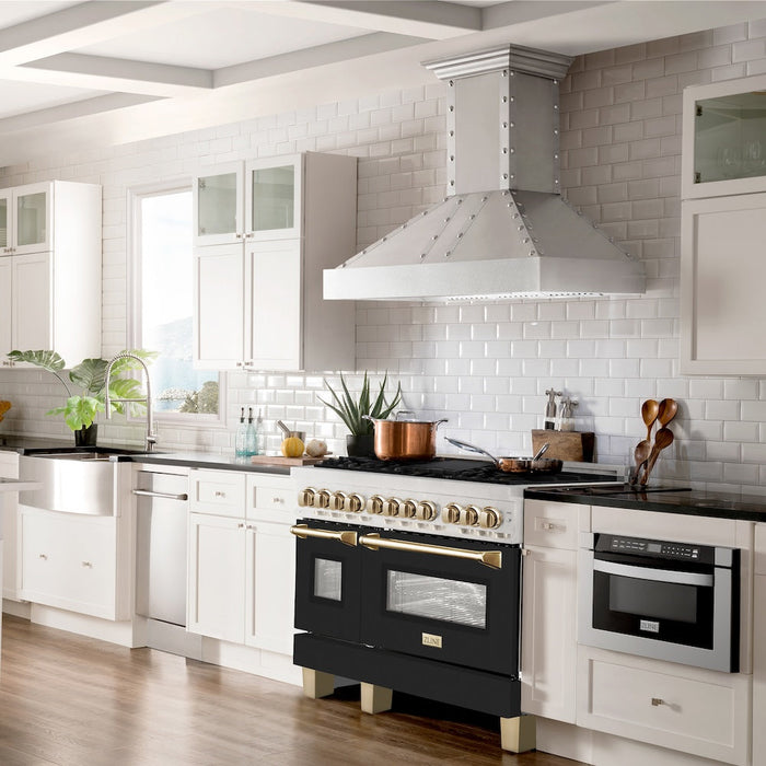 ZLINE Autograph Edition 48 in. 6.0 cu. ft. Legacy Dual Fuel Range with 7 Burner Gas Cooktop and 2 Electric Ovens in Satin Stainless Steel with Black Matte Doors and Polished Gold Accents (RASZ-BLM-48-G)