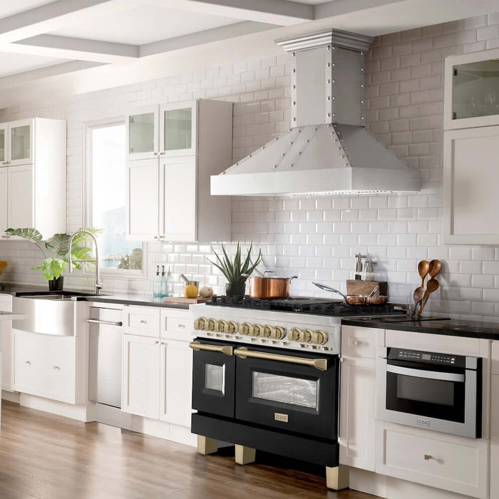 ZLINE Autograph Edition 48 in. 6.0 cu. ft. Legacy Dual Fuel Range with 7 Burner Gas Cooktop and 2 Electric Ovens in Stainless Steel with Black Matte Doors and Champagne Bronze Accents (RAZ-BLM-48-CB)