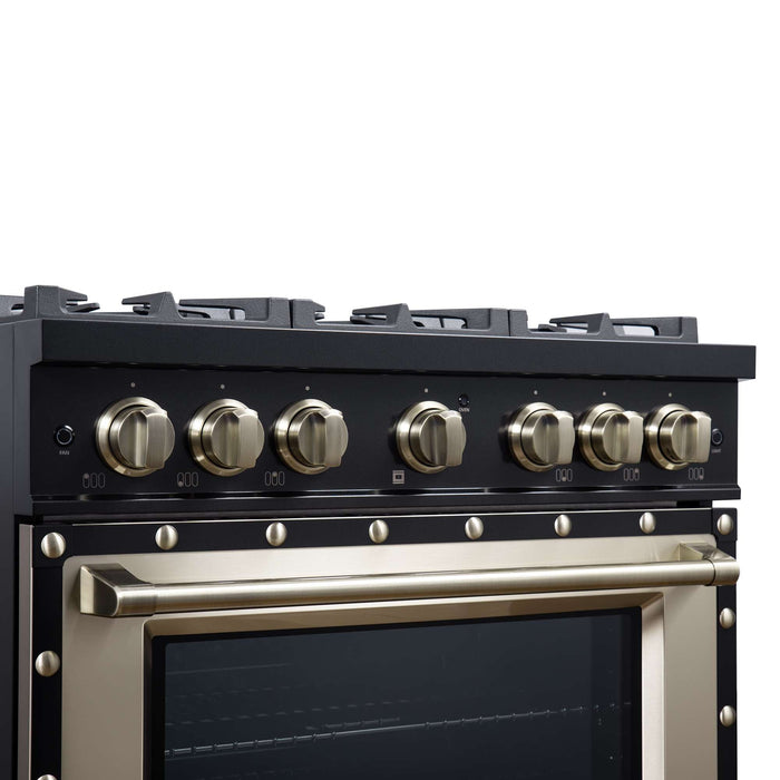 Forno - 36" Dual Fuel Range, 6 burners, in black with copper Trim
