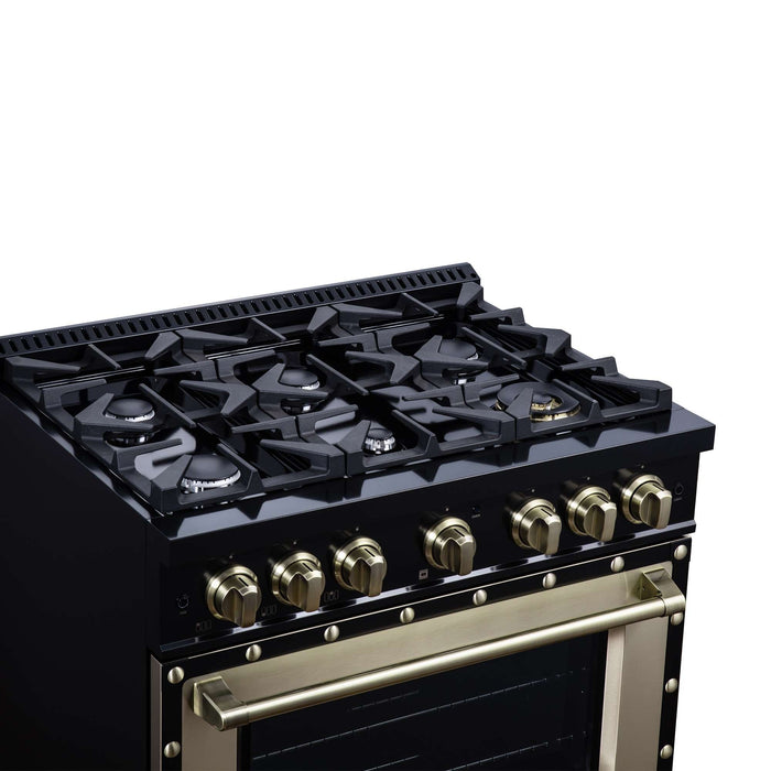 Forno - 36" Dual Fuel Range, 6 burners, in black with copper Trim