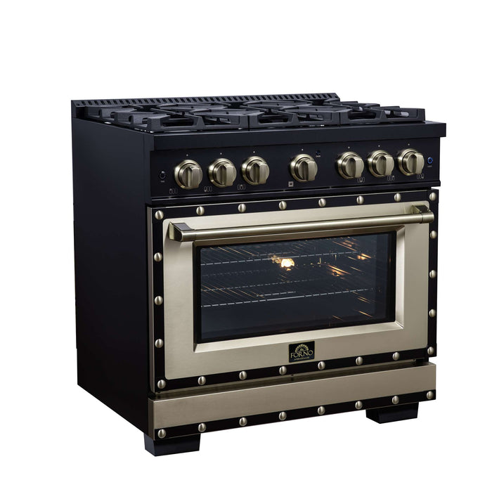 Forno - 36" Dual Fuel Range, 6 burners, in black with copper Trim