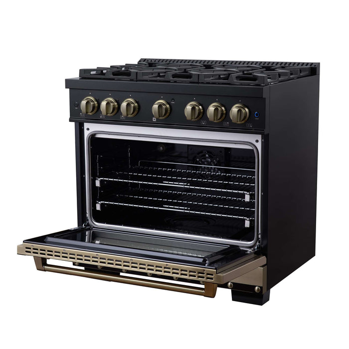 Forno - 36" Dual Fuel Range, 6 burners, in black with copper Trim