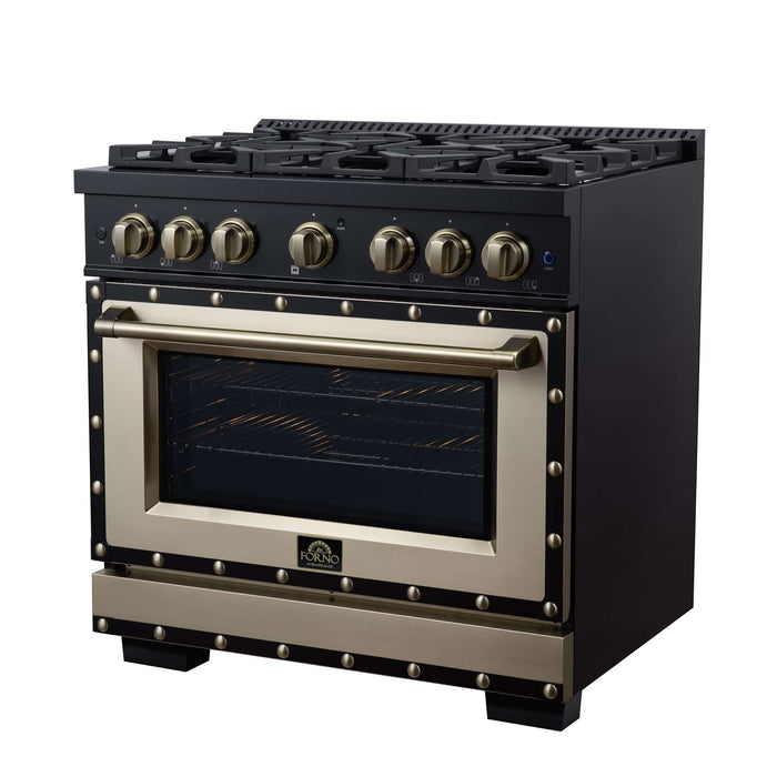 Forno - 36" Dual Fuel Range, 6 burners, in black with copper Trim