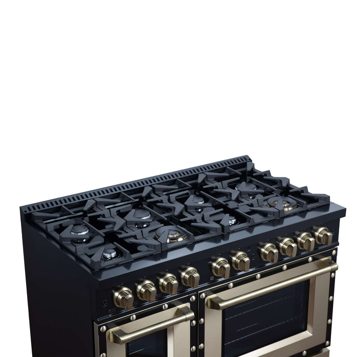 Forno - 48" Dual Fuel Range, 8 burners, in black with copper Trim