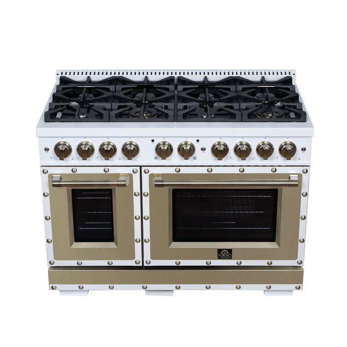 Forno - 48" Dual Fuel Range, 8 burners, in white with copper Trim