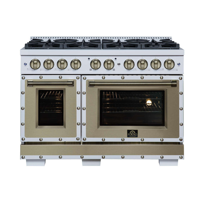 Forno - 48" Dual Fuel Range, 8 burners, in white with copper Trim